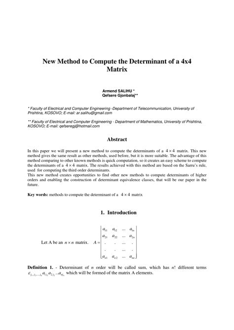 (PDF) New Method to Compute the Determinant of a 4x4 Matrix