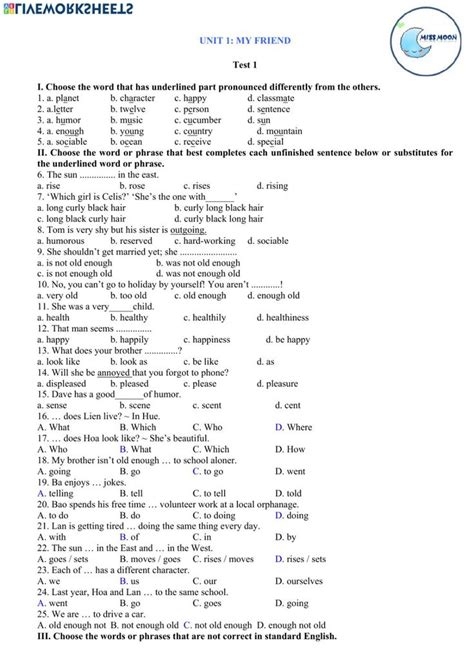 Grade 8 - unit 1 - test 1 - Interactive worksheet | 8th grade english ...