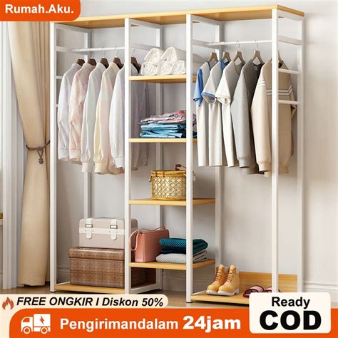 Jual Rak Gantungan Baju Besi Terbuka/Rak Baju Kayu 5 Susun/Stand Hanger Besi | Shopee Indonesia