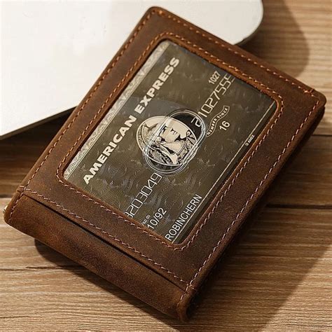 Men Crazy Horse Genuine Leather Slim Wallet Thin Minimalist Wallet RFID Blocking Front Pocket ...