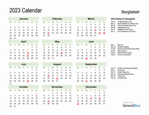 Holiday Calendar 2023 for Bangladesh (Monday Start)