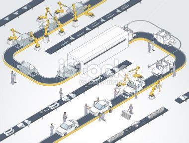 A detailed, modern factory illustrates an automotive assembly process. | Line illustration ...