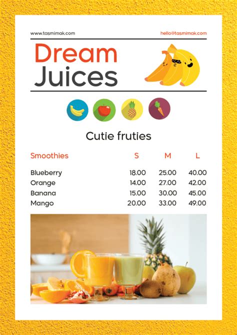 Fruit juice menu design | juice bar menu template