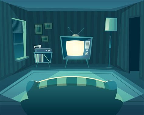 Cartoon wohnzimmer in der nacht. frontansicht von sofa zu fernseher, vinyl-player. | Kostenlose ...