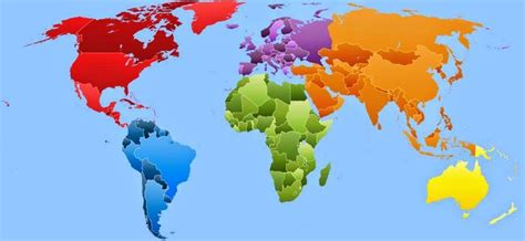 Printable map of the 7 continents each distinguished by a different bright color.