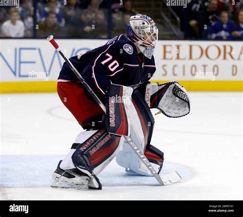 Columbus Blue Jackets goalies Joonas Korpisalo, of Finland, is seen ...