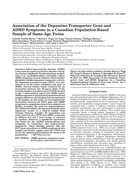 (PDF) Association of the Dopamine Transporter Gene and ADHD Symptoms in a Canadian Population ...