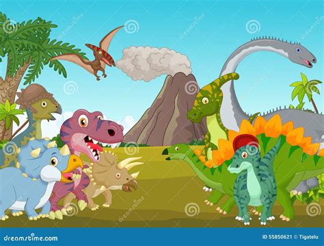 Cartoon Group of Dinosaur with Mountain Stock Vector - Illustration of ...