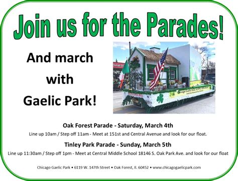 PARADES – Tinley Park & Oak Forest – March 4 & 5 – Chicago Gaelic Park