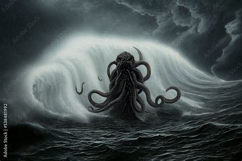 Kraken or an octopus monster in the middle of the dark ocean with black clouds above the sky ...