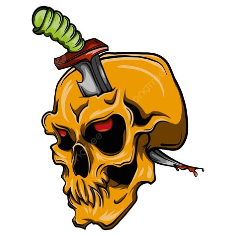 Skull With A Knife Stabbed Look Drawing Isolated Vector, Look, Drawing ...