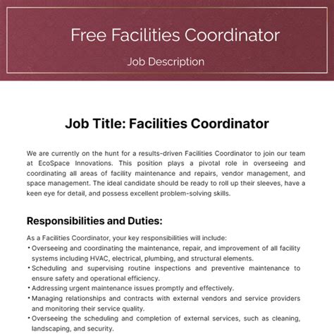 Free Facilities Coordinator Job Description Template - Edit Online & Download | Template.net