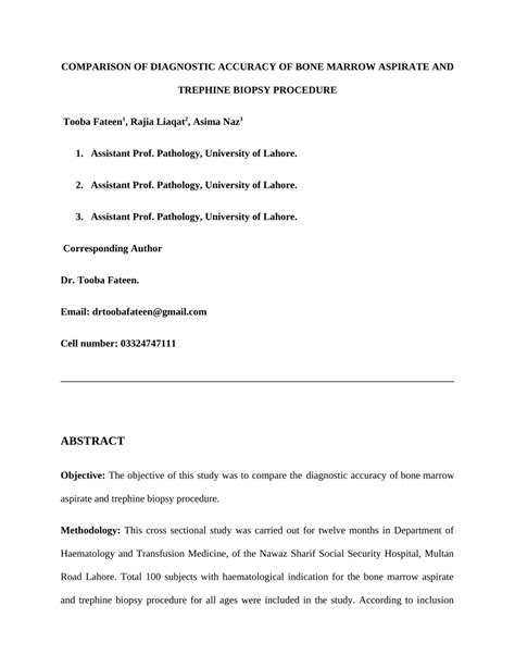 (PDF) COMPARISON OF DIAGNOSTIC ACCURACY OF BONE MARROW ASPIRATE AND TREPHINE BIOPSY PROCEDURE