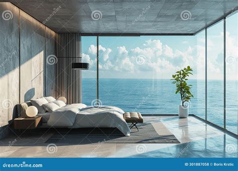 Minimalist Bedroom with Panoramic Ocean Sea View: Modern Coastal Interior Stock Photo - Image of ...