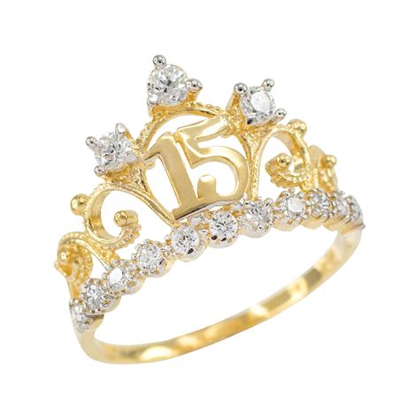 Yellow Gold Quinceanera 15 Anos CZ Crown Ring