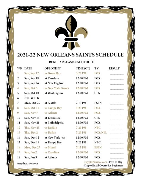 Printable 2021-2022 New Orleans Saints Schedule