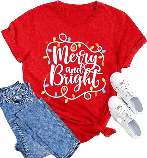 Womens Christmas Light Merry And Bright T-Shirts Red Christmas Graphic ...