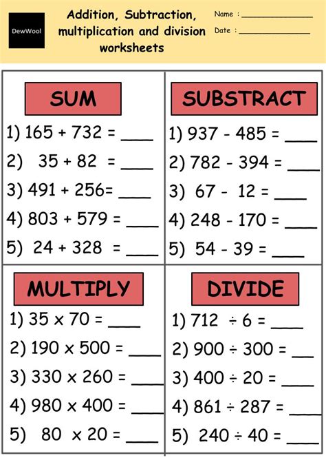 Addition Subtraction Multiplication Division worksheets - DewWool