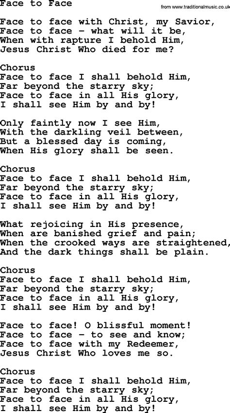 Baptist Hymnal, Christian Song: Face To Face- lyrics with PDF for printing