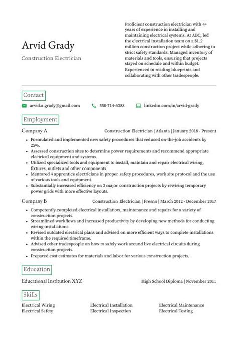 Construction Electrician Resume (CV) Example and Writing Guide