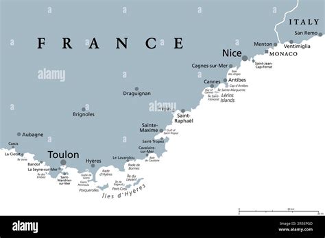 French Riviera, gray political map. Mediterranean coastline of the ...