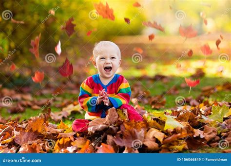 Child in Fall Park. Kid with Autumn Leaves Stock Image - Image of ...