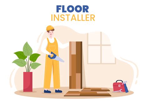 Floor Installation Cartoon Illustration with Repairman, Laying Professional Parquet, Wood or ...