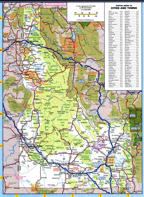 Idaho map with rivers and lakes, parks and recreation area