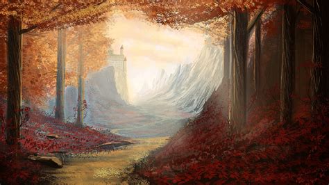 Wallpaper : digital art, forest, trees, fantasy art, illustration, painting, fall, fallen leaves ...