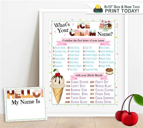 Whats Your Ice Cream Name Game Printable Sign & Name Tags | Etsy