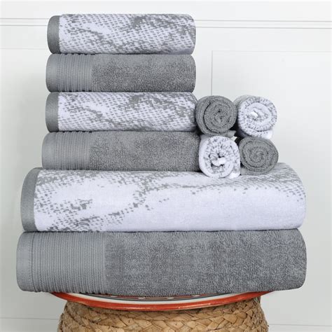 Cotton Highly Absorbent 10-Piece Solid and Marble Effect Grey Towel Set ...