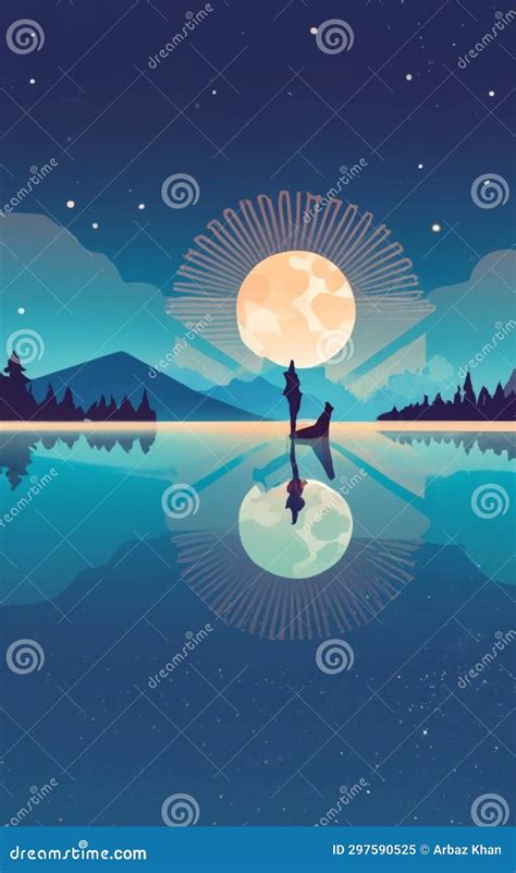 A Reflection of a Full Moon on a Still Lake. Illustration Stock Illustration - Illustration of ...