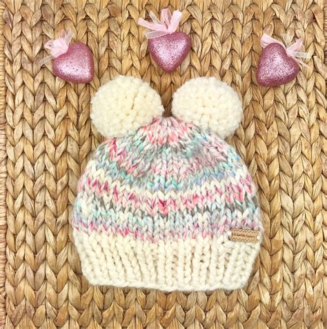 Double Pom Pom Beanie Knit Hat Child Size Warm Knitted - Etsy