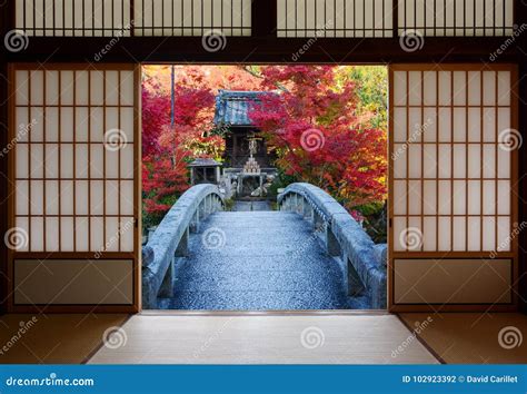 Bridge and Autumn Trees Seen through the Open Doors of an Old Japanese Dojo Stock Photo - Image ...