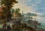 A wooded river landscape with a fish market and fishing boats near a ...