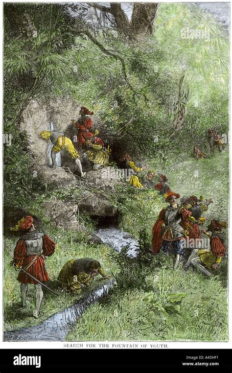 Juan Ponce de Leon expedition searching for the Fountain of Youth in Florida 1500s. Hand-colored ...