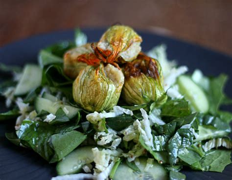 Roasted zucchini flowers stuffed with cashew cheese