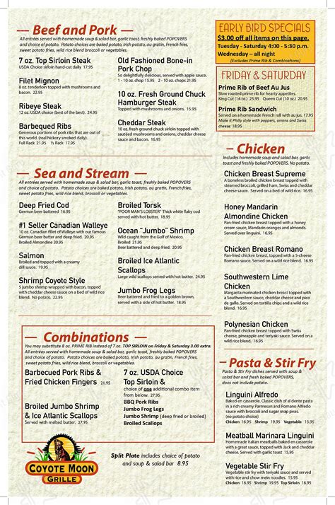 Menu at Coyote Moon Grille restaurant, St. Cloud