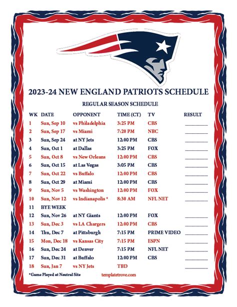 Printable 2023-2024 New England Patriots Schedule