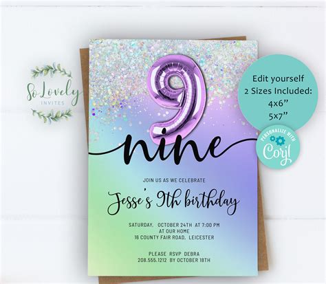 Purple Rainbow Glitter 9th Birthday Invitation Editable | Etsy