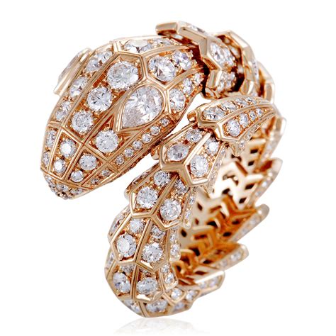 Bvlgari Serpenti Womens 18K Rose Gold Full Diamond Pave Band Ring | Luxury Bazaar | www ...