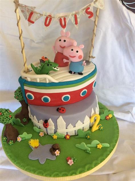 Peppa Pig & George on Grandpa pigs boat birthday cake - - CakesDecor