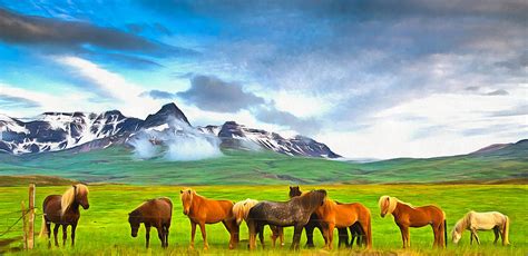 Icelandic Horses In Iceland Painting With Vibrant Colors Painting by Matthias Hauser