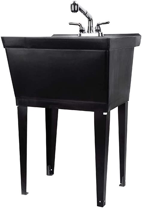 Black Utility Sink Laundry Tub With Pull Out Chrome Faucet, Sprayer Spout, Heavy Duty Slop Sinks ...