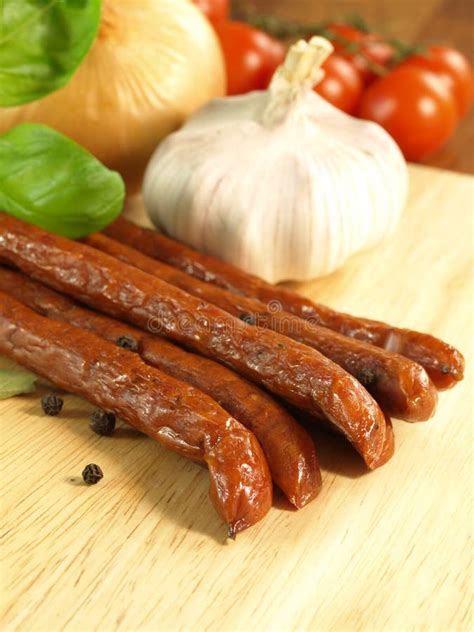 Smoked Sausage Sticks, Closeup Stock Image - Image of garlic, jess ...