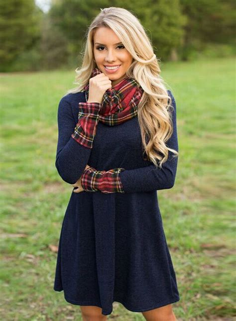 Fashion Turtleneck Long Sleeve Plaid Splicing Dress - STYLESIMO.com