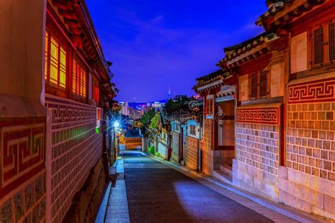 The Atmosphere at Night of Bukchon Hanok Village,South Korea Stock ...