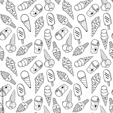 Seamless ice cream pattern, hand-drawn monochrome black and white background, ice-cream vector ...