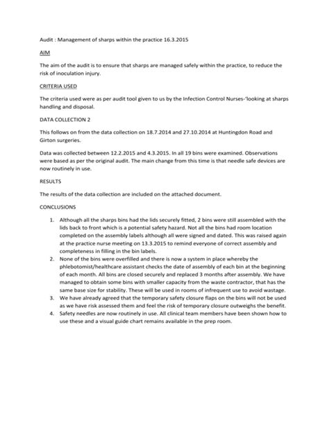 Sharps Audit 2015 - Huntingdon Road Surgery