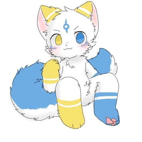 a drawing of a cat with blue eyes and yellow tail sitting next to a white background